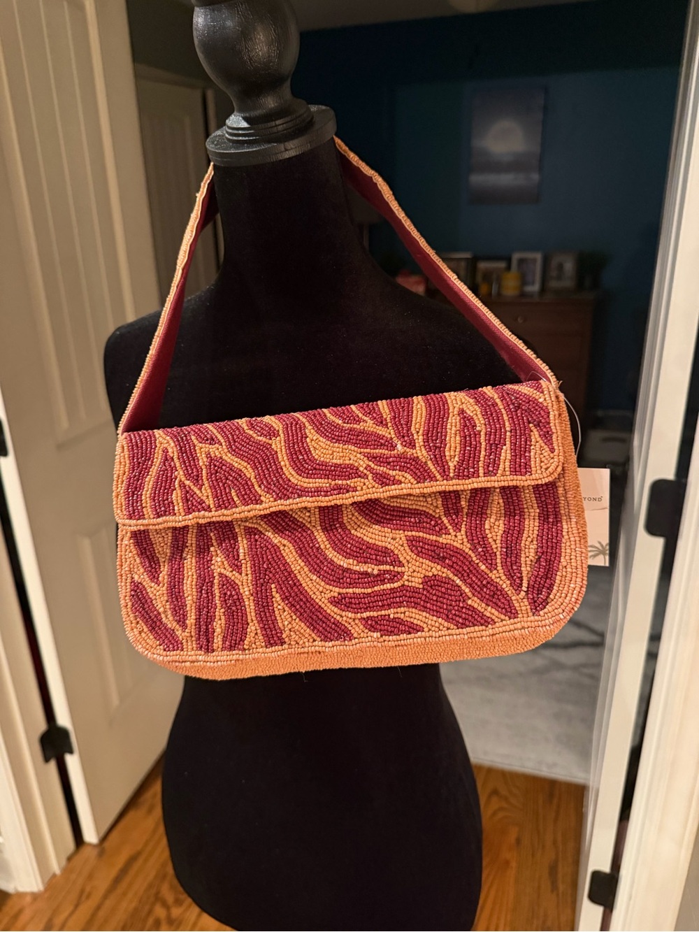 Beaded Shoulder Bag in Deep Red and Tangerine